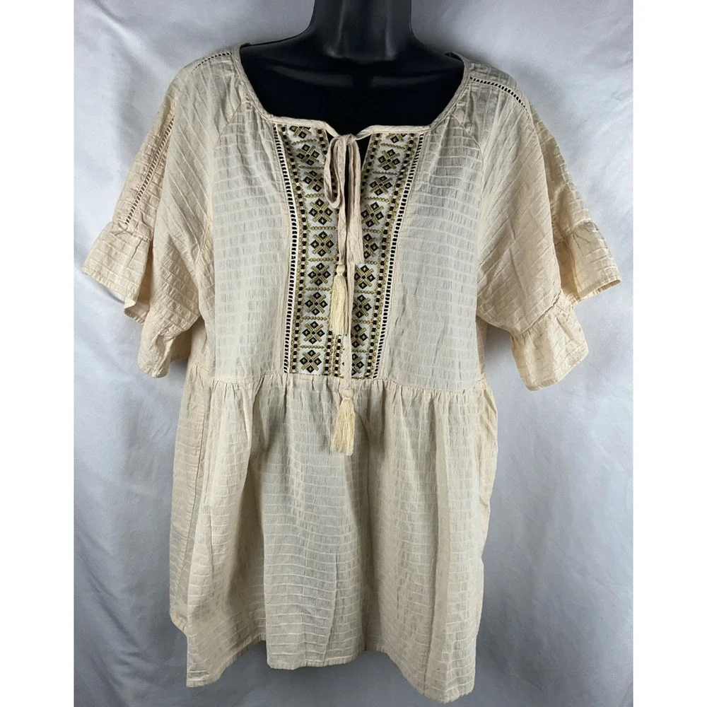 Grigio USA Women's Large Embroidered Creamy Oatmeal Boho Peasant Tunic Tassel
